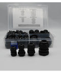 Waterproof NPT Cable Glands Kit With Threads Adjustable Seals For One Quarter Inch Three Eighths Inch One Half Inch And Three Quarters Inch Strain Cord Connectors Thirty Five Piece Black Set With Gaskets For Outdoor Use
