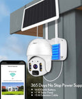 Solar Security Cam Outdoor Pan Tilt PTZ 1080P Color Night Vision With Rechargeable Battery And PIR Radar Dual Detection Two Way Audio IP66 Weatherproof Two Point Four G WiFi Ready mounted on a wall with solar panel.