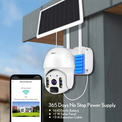 Solar Security Cam Outdoor Pan Tilt PTZ 1080P Color Night Vision With Rechargeable Battery And PIR Radar Dual Detection Two Way Audio IP66 Weatherproof Two Point Four G WiFi Ready mounted on a wall with solar panel.