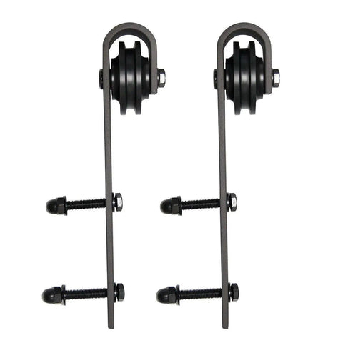 Rails hangers for Interior Barn Bypass Sliding Doors With Frosted Glass In Black Finish, showing installation hardware close-up