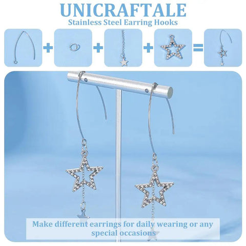 About 100 Pcs 316 Stainless Steel Earring Hooks 2mm V Shape Ear Wires With 200 Pcs Open Jump Rings For DIY Earring Jewelry Making Kit In Handy Plastic Box displayed with star-shaped earrings