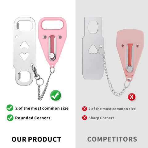 Premium Portable Door Lock 2 Pack Pink For Extra Privacy And Home Security shown with competitor comparison highlighting differences