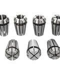 Pro 8-PC ER11 Collet Chuck Set With Quick Self Release Tool Holder For CNC Milling Drilling Boring And Sculpture Tasks Fits 1-7mm End Mills, eight steel collets showcased.