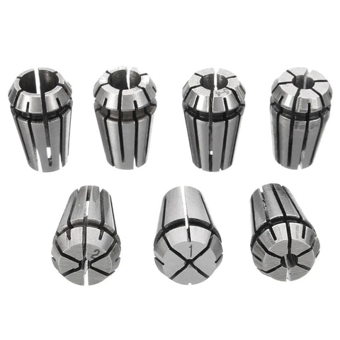 Pro 8-PC ER11 Collet Chuck Set With Quick Self Release Tool Holder For CNC Milling Drilling Boring And Sculpture Tasks Fits 1-7mm End Mills, eight steel collets showcased.
