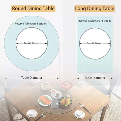 Visual guide for Round and Long Dining Tables with Heavy Duty 40 Inch Tempered Glass Lazy Susan Turntable for easy serving.