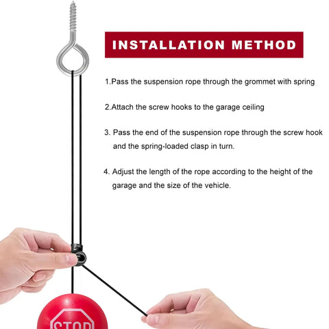Hands adjusting the Garage Tennis Ball Parking Aid Kit With Adjustable 13 Foot Rope Hanging Stopper installation, showing step-by-step instructions.