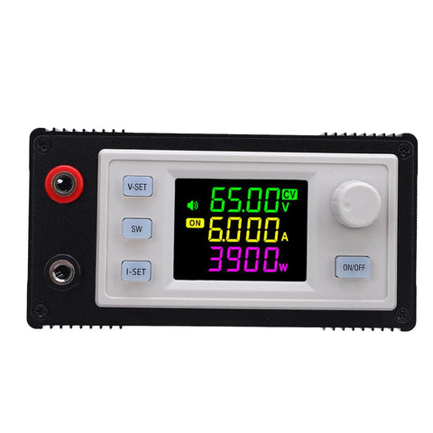 Front view of Adjustable DC Voltage Regulator 12V To 72V Input, 0V To 65V Output, 390W 6A CNC Lab Benchtop Power Supply with LCD display.