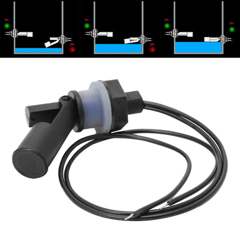 Two Pack Must Have M16 Water Level Sensor Flow Switch Kit for Aquariums Fish Tanks Hydroponics and Pools 110V DC Side Mount Horizontal Liquid Float Switch No External Power Supply Needed, shown with wiring and float mechanism.
