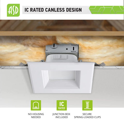 12 Pack 4 Inch LED Recessed Lighting With Integrated Junction Box Dimmable 2700K-5000K CCT Selectable Canless Square Downlights Wet Location IC Rated UL Energy Star 10W 722LM in ceiling installation view