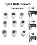 9 pcs drill sleeves set for woodworking with size measurements 3/8, 5/16, 1/4 inch, shown with caliper measurements.