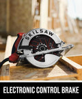 All Magnesium Sidewinder Circular Saw With 15 Amp Dual Field Motor And 7-1/4 Inch Blade on wooden surface showcasing electronic control brake.