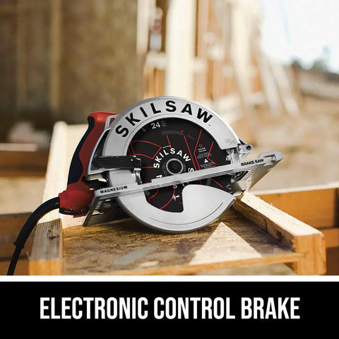 All Magnesium Sidewinder Circular Saw With 15 Amp Dual Field Motor And 7-1/4 Inch Blade on wooden surface showcasing electronic control brake.