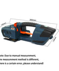 Handy Portable Electric Strapping Machine For Pet Or Pp Tape That Wields 2800N Force with ergonomic grip, dimensions 360mm x 140mm x 130mm.