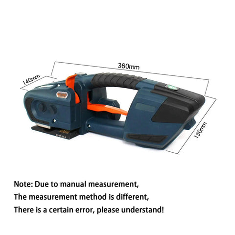 Handy Portable Electric Strapping Machine For Pet Or Pp Tape That Wields 2800N Force with ergonomic grip, dimensions 360mm x 140mm x 130mm.