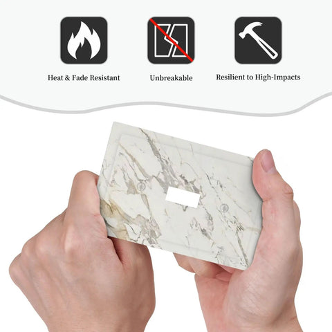 Absolute Game Changer With This Sleek Gray White Marble 1 Gang Switch Cover held in hand, showcasing unbreakable material and design.