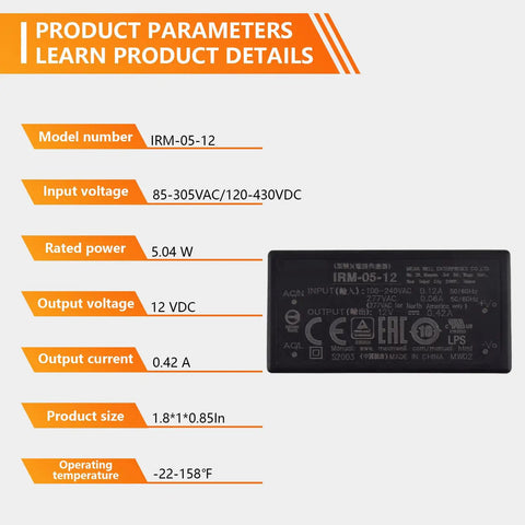 No Fuss Rock Solid Ac Dc Power Supply Module 5 Watt 12 Volt 0.42 Amp Universal Input specifications including model number and size.