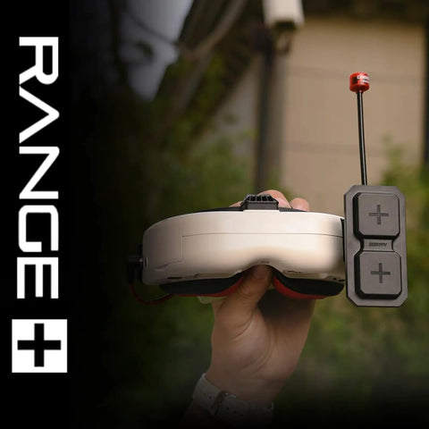 Hand holding FPV goggles with attached 5.8GHz RHCP Dual Patch Antenna For FPV Goggles With 11dBi Gain SMA Connector Rock Solid Signal