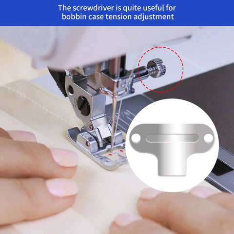 Close-up of sewing machine cleaning kit near presser foot; 7-piece set with tweezers and small screwdrivers.
