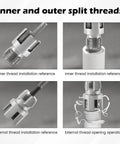 Dual Function Pipe Threading Tool For Drill Internal And External Threads With Half Inch And Three Quarter Inch Dies rethreading and cutting tool showing inner and outer split threads application