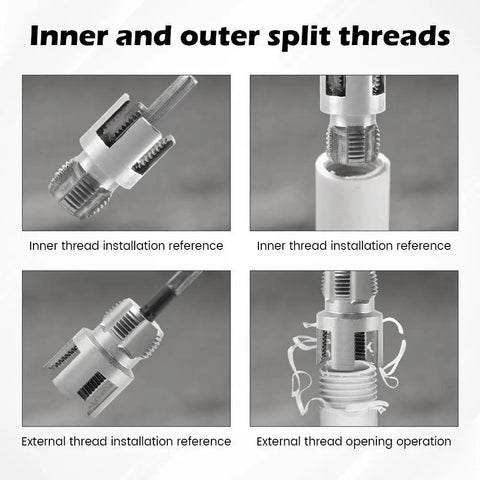 Dual Function Pipe Threading Tool For Drill Internal And External Threads With Half Inch And Three Quarter Inch Dies rethreading and cutting tool showing inner and outer split threads application