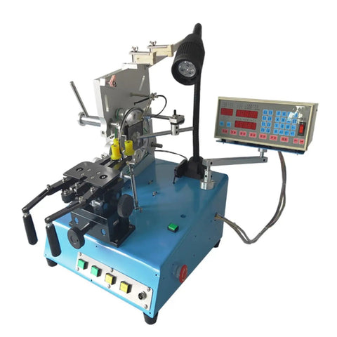Heavy Duty Belt Type Ring Winder for Toroidal Transformers and Inductance Coils, features mechanical controls and digital display.
