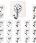 Heavy Duty Adhesive Wall Hooks 25 Pack No Drill Mounting Waterproof Kitchen Bath Organizer Holds Fifty Lbs Easily Knockout Quality Pick For Total Stress Free Space Upgrading In Your House Any Day, showing multiple silver hooks on white backing.