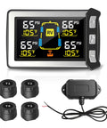 RV Tire Pressure Monitoring System TPMS Sensors Kit Set of 4 For Travel Trailers And Motorhomes, Wireless Tire Monitoring, Real Time Alerts, Easy Install, Durable, Keeps Your Wheels Safe On The Road. Display and four sensors shown