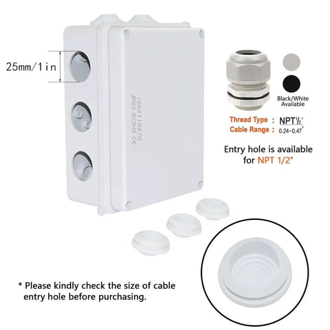 Side view of ABS Plastic IP65 Dustproof Waterproof Junction Box Universal Electrical Project Enclosure White 5.9 x 4.3 x 2.8 Inch Weatherproof, Durable ABS Case Outdoor Indoor Use CE RoHS Compliant with cable entry holes.