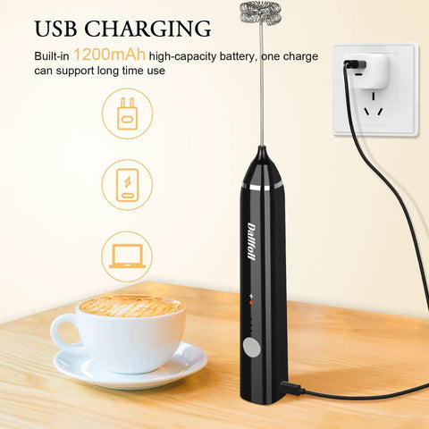Handheld Milk Frother USB Rechargeable Electric Foam Wand for Coffee Nerds charging on a countertop next to a latte