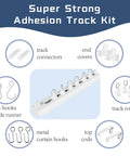 Self Adhesive Ceiling Curtain Track 10.9 Feet White No Screws No Drill Ceiling Mount Easy Peel And Stick Installation Works On Smooth Walls Curtain Track System For Drapes And Window Treatments. kit with connectors, rollers, hooks, and end covers