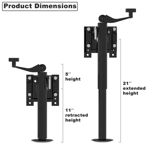 Hella Tough Heavy Duty Swivel Trailer Jack Stand With Bolt On Mount, showing dimensions of 5" retracted and 21" extended height.