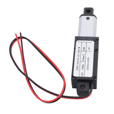 Compact 24V Electric Linear Actuator With Tiny 20mm Stroke And Nifty 20N Thrust showing 24V actuator with wires and labels.
