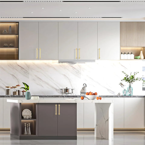 Modern kitchen with 10 Pack 5 Inch Champagne Bronze Cabinet Handles and Pulls for Kitchen Cabinets and Drawers 128mm Cabinet Hardware.
