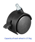 Heavy Duty 4 Pack 2 Inch Black Nylon Swivel Twin Wheel Caster Set With M10 Threaded Stem, close-up of single wheel with brake lever.