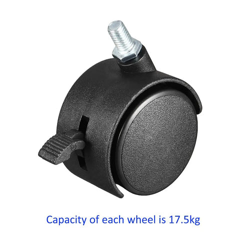 Heavy Duty 4 Pack 2 Inch Black Nylon Swivel Twin Wheel Caster Set With M10 Threaded Stem, close-up of single wheel with brake lever.
