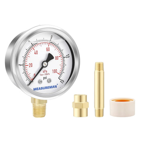 MEASUREMAN heater liquid-filled pressure gauge kit with 0–15 psi scale, brass fittings and PTFE tape (front view)