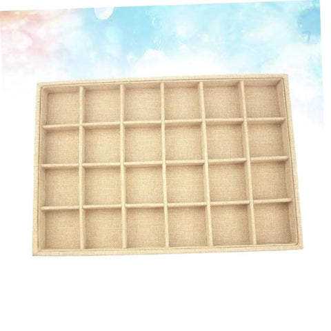 Switch Up Your Desktop Jewelry Tray With Adjustable Grid Dividers For Earrings And Rings Premium Sackcloth Organizer top view showing khaki sackcloth material.