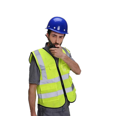 Go To High Visibility Mesh Safety Vest With Pockets And Zipper, ANSI ISEA Approved in yellow worn by worker with blue hard hat