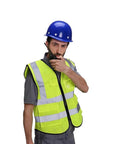 Worker wearing Hi Vis Mesh Safety Vest With Pockets And Zipper ANSI ISEA Compliant Breathable 100 Percent Polyester Reflective Strips