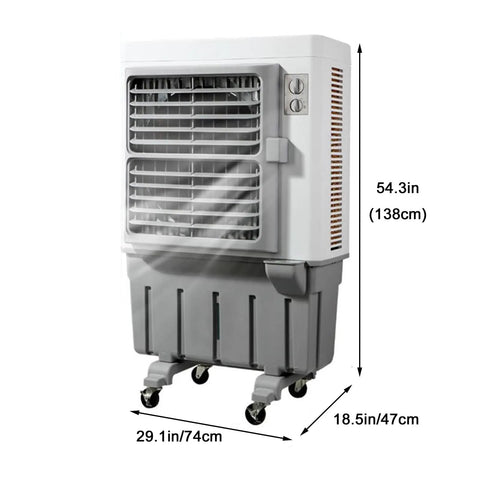 Portable Swamp Air Cooler With Three Fan Speeds And Wide Angle Oscillation Keeps You Seriously Chill All Summer Featuring Quick Refill Water Basin And Smooth Gliding Casters For Effortless Backyard Comfort, 54.3 in height.