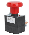 Must Have Emergency Push Button Switch For Electric Stackers And Forklift Pallets With Fast Power Cutoff, red button on black base.