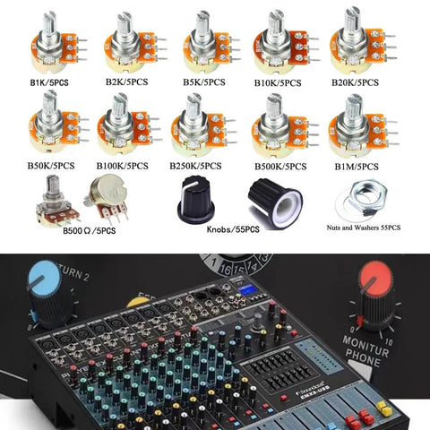 Ultimate Potentiometer Kit With 11 Values From 500 Ohm To 1 Meg Ohm, 3 Pin Rotary Pots, Includes Knobs Nuts Washers And Caps