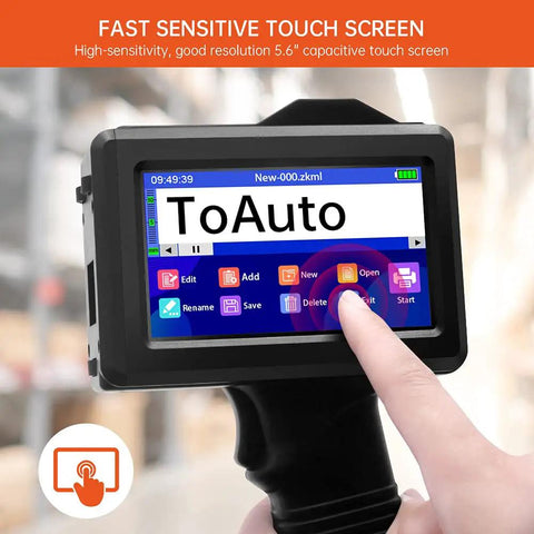 Heavy Duty Portable Handheld Inkjet Printer Gun With Smooth 5.6 Inch Touch Screen showcasing user touch interface for easy operation.