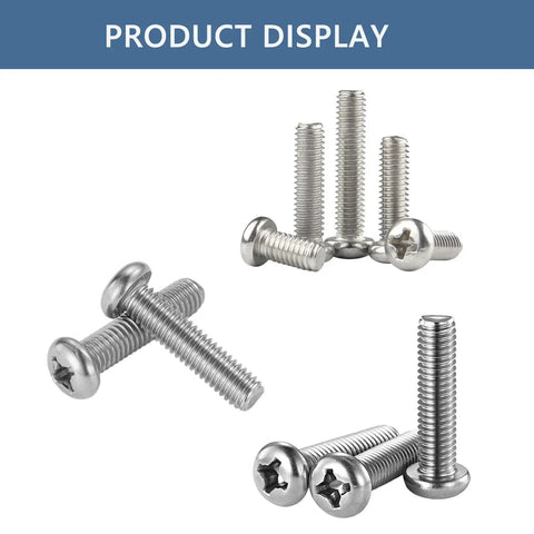 Top Shelf 304 Stainless Steel M2 X 30mm Phillips Round Pan Head Machine Screws 50 Pack displayed in various angles.
