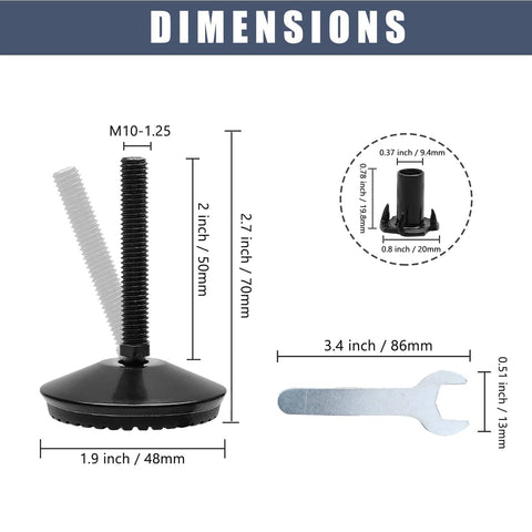 4 Piece M8 Adjustable Furniture Levelers With Swivel Feet For Tables Sofas Cabinets And Workbenches Heavy Duty Black Includes T Nuts And Wrench For Easy Leveling On Uneven Floors Built To Last And Keeps Your Furniture Stable