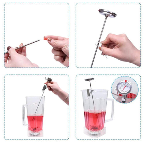 Analog 12 Inch Candy And Deep Fry Thermometer With Instant Read Dial in use, showing stainless steel stem in pitcher.