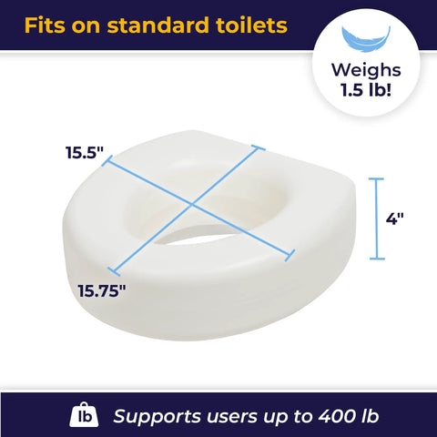 4-Inch Portable Toilet Seat Riser For Seniors With No-Tool Install, dimensions shown and supports up to 400 lb