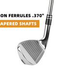 Golf iron with Premium.370 Inch Iron Ferrules For Taper Tip Golf Shafts, black and double chrome ring visible