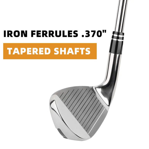 Golf iron with Premium.370 Inch Iron Ferrules For Taper Tip Golf Shafts, black and double chrome ring visible