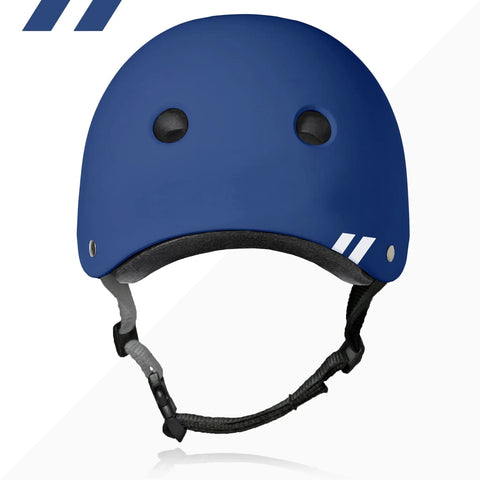 Front view of blue Triple Certified Multisport Helmet for Bike, Scooter, Skateboard, Roller and Inline Skates, with adjustable strap.